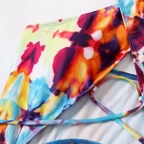 Boho Tie Dye lace up One piece Monokini Swim Beach - Picture 8 of 9